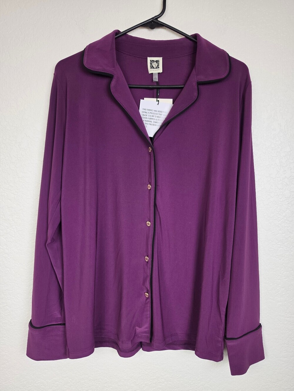 NWT $89 Anne Klein Deep Plum Black Long Sleeve Shirt Large